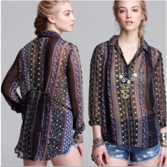 Free People Sheer Button Up Tie Back Shirt - Picture 2 of 6
